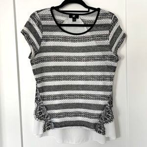 White and grey striped short sleeve blouse